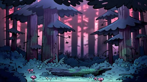 Cartoon-style drawn background
Background: Forrest of pine trees, at sunset (redist-pink sky light peaking through deep blue/green toned trees)
Foreground: moss-covered old log laying  on ground in center, surrounded by low-growing bushes and lil mushrooms Gravity Falls Ipad Wallpaper, Dipper E Mabel, Pc Backgrounds, Story Help, Ipad Ideas, Setting Inspiration, Fall Artwork, Gravity Fall, Inspiration Images