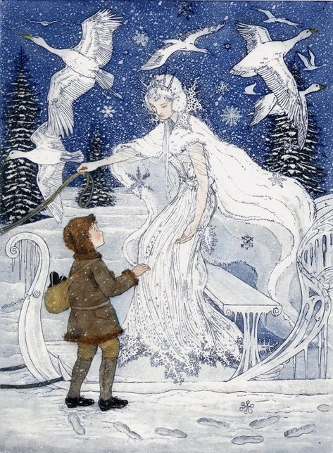 "The Snow Queen" by Debra McFarlane |  Illustration from 'The Pink Fairy Book', edited by Andrew Lang. Published by The Folio Society 2007.  etching with aquatint,  190mmx140mm. (http://www.debramcfarlane.co.uk/) Fairy Tale Illustrations, Fairy Tale Art, 동화 삽화, Snow Fairy, Arthur Rackham, The Snow Queen, Disney Vintage, Fairytale Illustration, Hans Christian Andersen