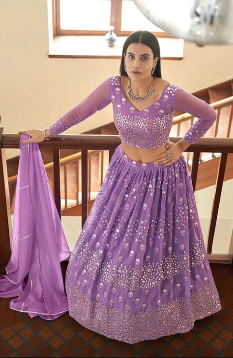 Georgette paneled skirt flaired skirt lehenga with underlining detailed with silver zari blouse design can be made as needed with sleeves or without sleeves Please ask your size possibility as it's limited size for blouse stitching please contact us we offer free tailoring made to your size and needs thanks Lavender Colour Lehenga, Lavender Lehenga, Purple Lehenga, Indian Wedding Lehenga, Mirror Work Lehenga, Full Sleeve Blouse, Party Wear Lehenga Choli, Georgette Dupatta, Bollywood Lehenga