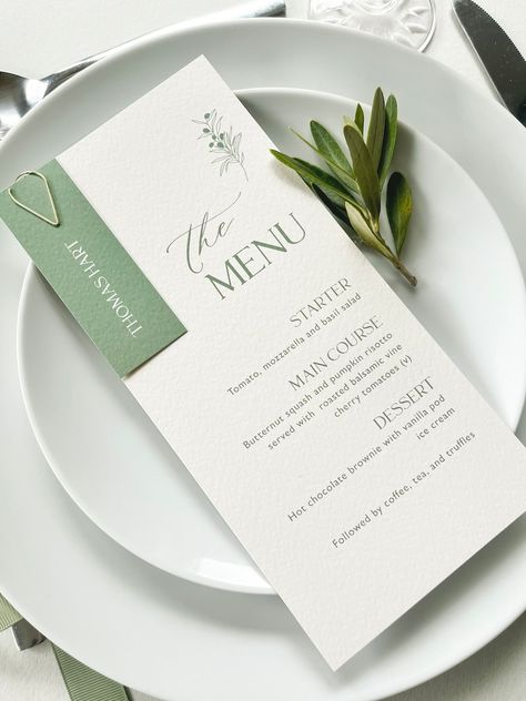 Wedding Menu Cards Place Settings, Menu With Name, Menu Place Setting, Olive Green Wedding, Personalized Wedding Menu, Wedding Menus Design, Wedding Food Menu, Olive Green Weddings, Menu Card Design