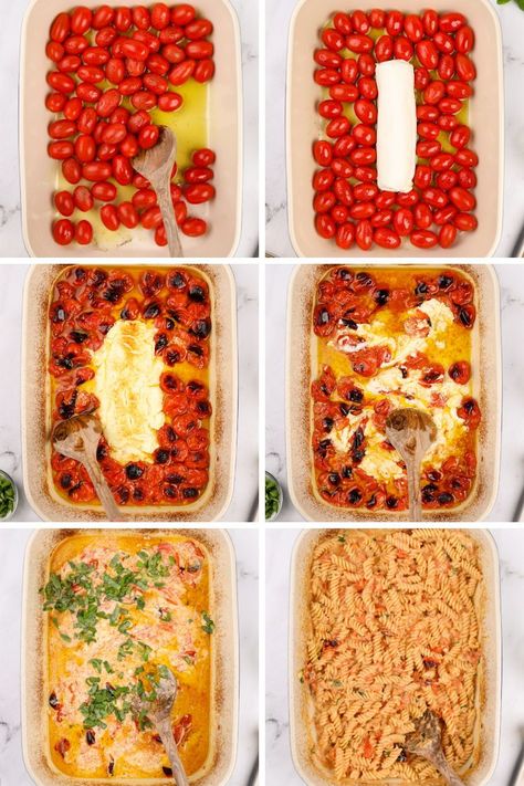 This Baked Goat Cheese Pasta recipe is a variation on the popular Viral recipe! Made with cherry tomatoes, garlic, olive oil, and basil, this creamy goat cheese pasta is the perfect family friendly dinner idea. Whether you're looking for an easy recipe or a comfort food pasta dish, this is one you'll come to again and again. Tomato Cheese Baked, Roasted Tomato Goat Cheese Pasta, Spaghetti With Goat Cheese, Cherry Tomato Baked Pasta, Goat Cheese Spaghetti, Goat Cheese Baked Pasta, Goat Cheese Cherry Tomatoes Pasta, Goat Cheese Pasta Bake, Goats Cheese Pasta