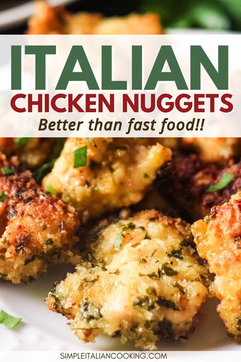 Enjoy these chicken nuggets that are fried on a stove top and not deep fried. I use some Italian seasoning in the breadcrumbs, but you can use whatever you have. These chicken bites are easy to make and a perfect alternative to fast food like Chick-fil-A or McDonalds. Use for your kids' lunches or even to put in sandwiches or serve as appetizers at a party. via @simpleitalian Easy Chicken Nuggets, Easy Chicken Nugget Recipes, Chicken Bites Recipes, Homemade Chicken Nuggets, Recipe For Dinner, Healthy Chicken Recipes Easy, Quick Chicken Recipes, Chicken Breast Recipes Easy, Kids Lunches