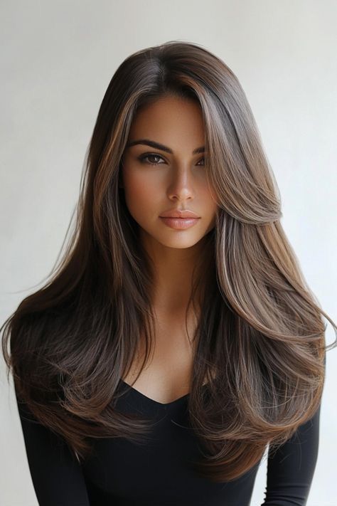 Long Layered Medium Haircuts, Brown Layered Long Hair, Brown Hair Blowout Layers, 90s Big Blowout Hair, Traditional Italian Hairstyles Woman, How To Make Hair Volume, Voluminous Hair Blowout, Long Layered Haircuts With Side Part, Long Blowout Layers