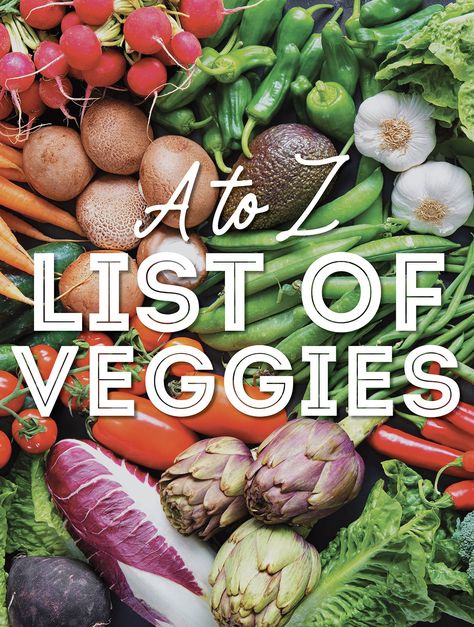 From asparagus to zucchini, we’re covering the most popular types of veggies from A to Z in this helpful list of vegetables! Fruits And Veggies Diet, Veggies List, All Vegetables List, Vegetables List, Veggie List, List Of All Vegetables, Salad Vegetables List, More Vegetables In Diet, Colorful Veggies