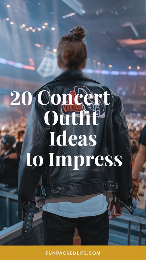 Image features a person standing at a concert wearing a stylish black leather jacket with embroidered patches on the back. The text '20 Concert Outfit Ideas to Impress' is prominently displayed over the image. The background shows a vibrant concert scene with lights and a cheering crowd, setting the stage for outfit inspiration. The overall theme is edgy concert fashion with a focus on modern, casual style that makes a statement. Nice Concert Outfit Ideas, Paris Concert Outfit, Concert Outfit Ideas Leather Jacket, Concert Outfit With Leather Jacket, Concert Fall Outfit Ideas, Black Leggings Concert Outfit, 90s Rap Concert Outfit, Outfits For Edm Concerts, Hot Concert Outfits Night