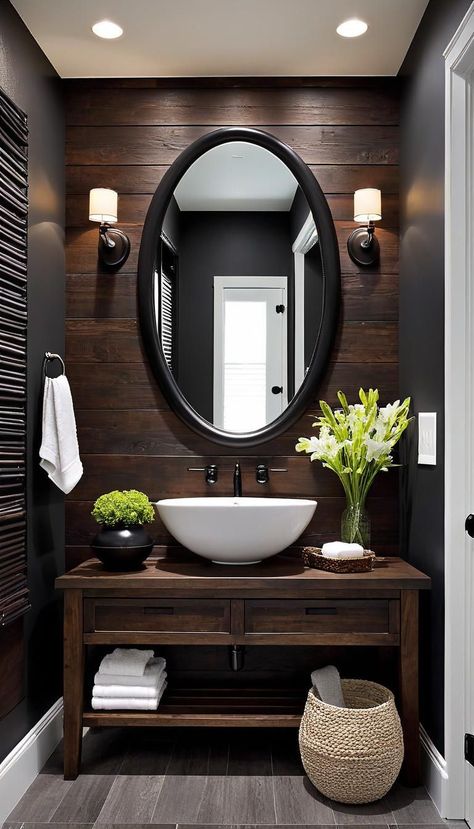 Black Half Bathroom, Small Dark Bathroom, Dark Bathroom Ideas, Bathroom Vanity Remodel, Dark Bathroom, Farmhouse Bathroom Remodel, Dark Bathrooms, Farmhouse Bathroom Vanity, Modern Farmhouse Bathroom