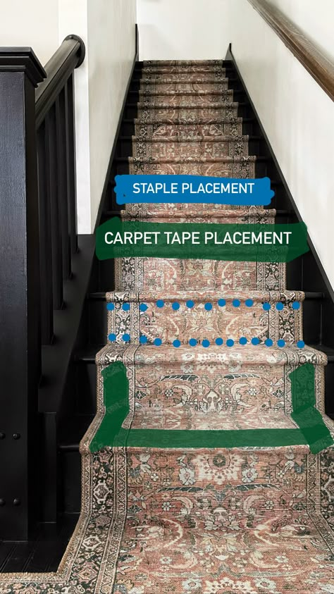 How To Install Carpet Runner On Stairs, How To Put A Runner On Stairs, Basement Stair Runner Ideas, Eclectic Stair Runner, Stairs With Rug Runner, Basement Stairs With Runner, Stairwell Runner Ideas, How To Install Stair Runner, Stair Rug Runner Ideas