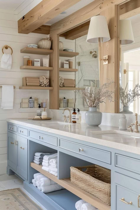 40 Coastal Bathroom Ideas for a Relaxing Beach Vibe Beach Master Bath Ideas, Cozy Beach House Interior Design, Master Bath Remodel Coastal, Florida Beach House Interior Design, Cute Modern Bathroom Ideas, Guest Bathroom With Wainscotting, Costal House Bathroom, Beach House Bathroom Aesthetic, Tiny Coastal Bathroom