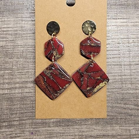 Marbled Polymer Clay, Earrings Red, Mica Powder, Gold Butterfly, Dot Painting, Earrings Dangle, Red And Gold, Alcohol Ink, Polymer Clay Earrings