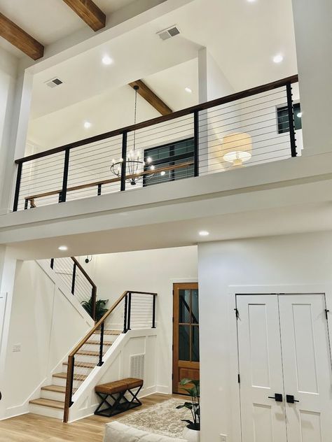 Double Story Farmhouse, Two Story House Stairs, Two Storey Living Room, 2 Story House Inside, High Ceiling Two Story House, 2 Story Foyer Artwork, Nice 2 Story House, Second Floor Stairs Ideas, Foyer 2 Story