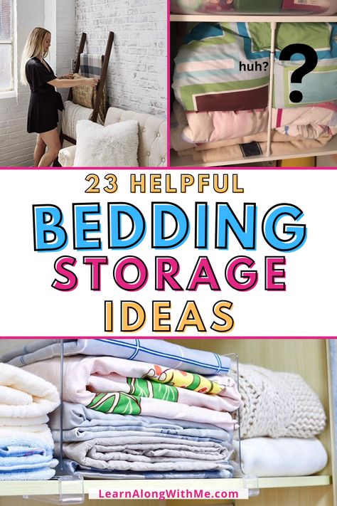 Finding the space for bed sheets and organizing them can be tricky, but these ideas will help.  It's a collection of bed sheet storage ideas that includes ways to storage blankets, comforters, duvets and pillow cases too. There are ways to store bedding in your closet, under the bed, and even on the wall.  The blanket ladder looks neat if you have the room for it, and like the aesthetic.  Check it out. Will one of these sheet storage options work for you? Store Blankets In Closet, Space Under Bed Ideas, Organizing Blankets And Comforters, How To Organize Bedding In Closet, Ways To Store Bedding, Organize Blankets In Closet, Storing Comforters Storage Ideas Closet, Bed Linen Storage Closet, Bedroom Sheet Storage