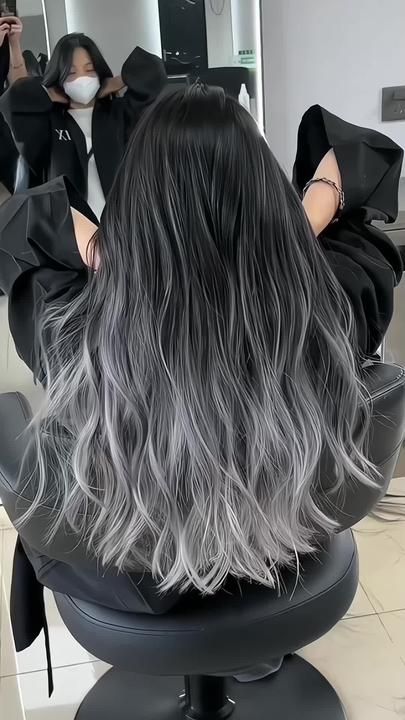 Black Hair With Grey Highlights Short, Ash Grey Hair Color Silver, Grey Hair Black Roots, Dark Grey Hair Dye, Black To Grey Ombre Hair, Black Hair With Grey Highlights, Lilac Grey Hair, Hair Color Art, White Hair Highlights