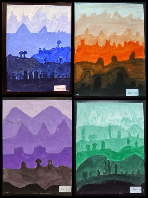 Bekah Steele: Monochromatic Landscapes Tint And Shade, Landscape Art Lessons, Monochromatic Painting, Value Painting, 7th Grade Art, Monochrome Painting, Hills And Mountains, Monochromatic Art, Middle School Art Projects