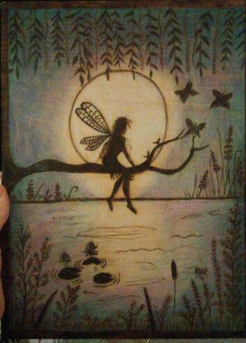 Oil pastel fairy wood burning Fairy Painting Ideas Easy, Painting Fairies, Fairies Sketch, Fairy Art Simple, Easy Tree Painting On Canvas, Fairytale Sketches, Sillouttes Paintings, Sketches Of Fairies, Nature Fairy Drawing