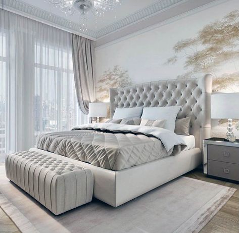 Stunning beige and white elegant bedroom decor with cream velvet tufted headboard bed & floral wall Bedroom With Cream Headboard, Floral Headboard Bedroom, White Tufted Bedroom Ideas, Beige Tufted Headboard Bedroom, Modern Luxury Bedroom Bed Frames, Grey Tufted Headboard Bedroom, Cream Headboard Bedroom Ideas, Beige Headboard Bedroom, White Tufted Headboard