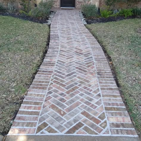 Brick Footpath Ideas, Red Brick Sidewalk, Brick Walkway Landscaping, White Washed Brick Patio, Brick Pathway Patterns, Brick Apron Driveway, Recycled Brick Pathway, Herringbone Brick Path, Brick Sidewalk Ideas