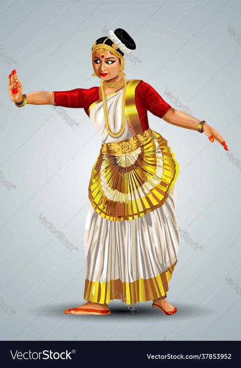 Mohiniyattam Painting, Kerala Culture Illustration, Kerala Art Forms, Kerala Traditional Dance, Onam Theme, Kerala Traditional Dress, Dance Drawing, Walk Ideas, Walk Idea