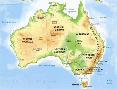 Australia Physical Map Peta Australia, Australian Geography, Western Australia Map, Southern Deserts, Australian Map, Geography Trivia, Tasmania Hobart, Wales Map, Map Of Australia