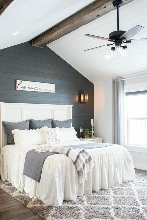 White And Gray Master Bed, Grey Shiplap Wall Bedroom, Gray Shiplap Wall Bedroom, Headboard On Shiplap Wall, Shipman Bedroom Wall, Shiplap Bedroom Accent Wall Master Bathrooms, Farmhouse Bedroom With Shiplap Accent Wall, Bedroom Master Accent Wall, A Frame Accent Wall