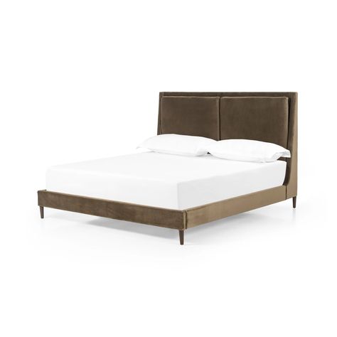 Light, livable luxury. A tapered headboard features fixed overscale pillows, for a calming look with great depth. Wire-brushed parawood legs lend a warm, natural finishing touch. Available in several colors and fabrics.  Product Overview Dimensions: 82.5"W x 90"D x 55"H Materials: 71%Vi, 17%Pl, 12%Li, Solid Parawood Av Velvet Upholstered Bed, Cushion Headboard, Adjustable Mattress, Amber Interiors, Beds & Bed Frames, High Fashion Home, Upholstered Bed, Four Hands, Burke Decor