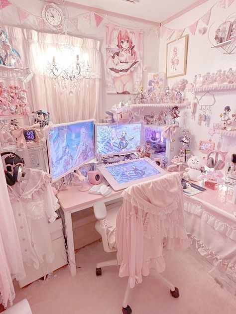 kawaii pink gaming setup Kawaii Dorm Room, Kawaii Core Room, Jirai Kei Room, Cutecore Bedroom, Pink Gaming Setup, Kawaii Room Ideas, Kawaii Bedroom, Otaku Room, Pink Room Decor