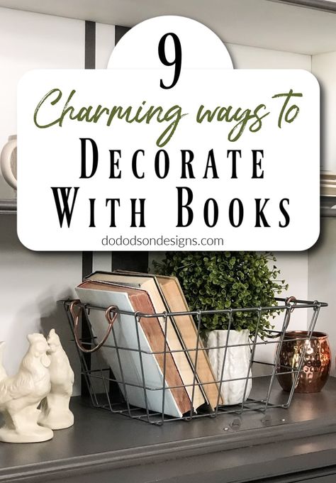 Decor For Top Of Bookshelves, Decorate Bookshelves With Books, Bookcase Decoration Ideas, Decorate With Books Ideas, Books For Display, Book Mantle Decor, Bookshelves With Books And Decor, Books In Kitchen Decor, Office Bookcase Decor Ideas