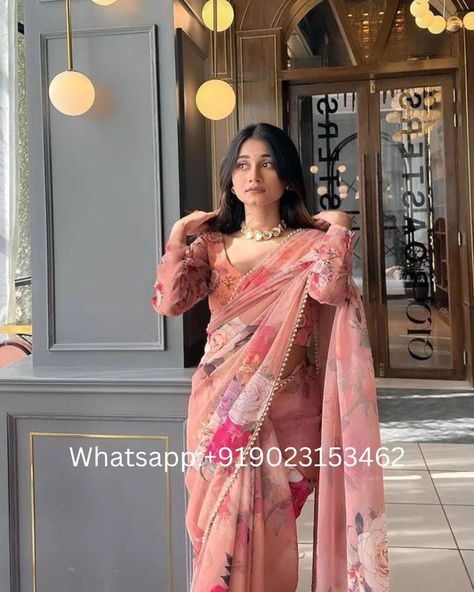 Price 1495/-❣️ whatsapp us on +919023153462✔️ Peach floral partywear Georgette saree #PeachSaree#FloralSaree#GeorgetteSaree#DesignerSaree#EthnicWear#FashionSaree#ElegantSaree#IndianFashion#TraditionalSaree#FestiveSaree Western Saree, Farewell Saree, Farewell Sarees, Wedding Fits, Floral Sarees, Special Outfits, Organza Suits, Peach Saree, Saree Floral