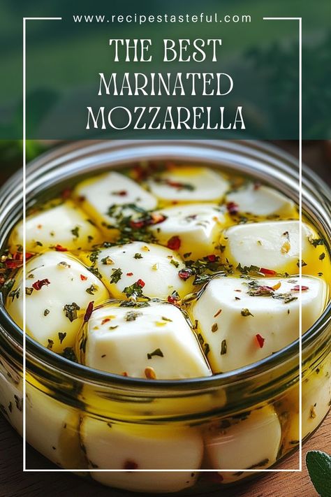 This marinated mozzarella is a delicious appetizer that combines the creaminess of mozzarella cheese with fresh herbs and spices. Perfect for parties, picnics, or simply enjoying as a snack, this recipe is sure to impress! Marinated Cheese And Olives Party Appetizers, Marinaded Mozzarella Recipes, Marinated Mozzarella Cheese Cubes, Marinated Cheese In A Mason Jar, Marinated Mozzarella Balls Appetizers, Appetizers With Mozzarella Cheese, How To Make Fresh Mozzarella, Small Mozzarella Balls, Fresh Mozzarella Cheese Recipes