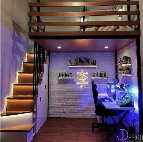 Bunk Bed And Wardrobe, Loft Bed Minimalist, Small Upstairs Bedroom Ideas, Room With Upstairs Bed, Loft Decorating Ideas Upstairs Modern, Loft Bed Work Space, Loft Bed Stairs Ideas, Room Ideas Loft Bed Small Bedrooms, Upstairs Room Ideas Bedrooms