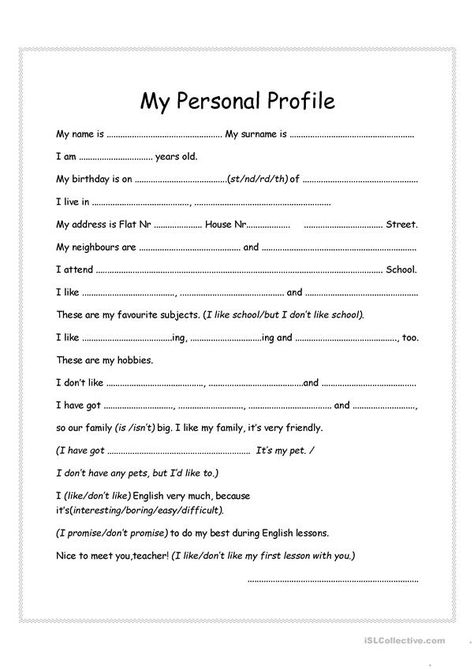 My Personal Profile - English ESL Worksheets for distance learning and physical classrooms Teaching Spelling Rules, Persona Profile, Martin Luther King Worksheets, Kindergarten Graduation Ideas, Writing Sentences Worksheets, Application Writing, Writing Sentences, History Worksheets, Job Resume Examples