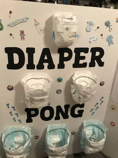 50+ Easy DIY Baby Shower Ideas for Boys - HubPages Babyboy Baby Shower Decorations, Male Baby Shower Ideas, Diaper Ping Pong Game, Office Baby Shower Ideas, Diaper Pong Baby Shower Game, Diaper Pong, Men Baby Shower Games, Baby Shower Games For Boys, Hilarious Baby Shower Games