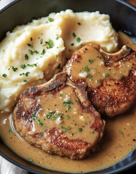 Southern Smothered Pork Chops Recipe Pioneer Woman Smothered Pork Chops, Yogurt Marinated Pork Chops, Southern Style Smothered Pork Chops, Beef Chops Recipes, Bone In Stuffed Pork Chops, Braised Pork Chops Oven, Smothered Bone In Pork Chops, Smoothed Pork Chops, Savory Pork Chop Recipes