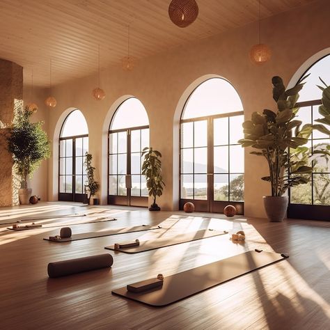 Modern Wellness Center, Beautiful Yoga Studio, Minimal Yoga Studio, Garden Yoga Studio, Yoga Room Aesthetic, Pilates Studio Design Decor, Yoga Studio Design Interiors, Small Yoga Studio Design, Yoga Studio Aesthetic