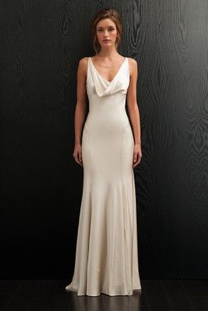 Amanda Wakeley  Spring 2016 Bridal Plunging Back Dress, Draped Satin Wedding Dress, Draped Neckline Dress, Drape Neck Dress, Soft Summer Wedding Dress, Plunge Neck Wedding Dress, Simple Vintage Wedding Dress, Elegant Simple Wedding Dress, Cowl Draping