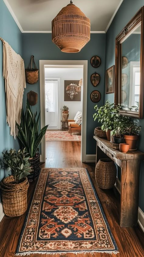 Elevate Your Home with These Inspiring Bohemian Hallway Décor Ideas - Remodr Hallway Narrow Decor, House Interior Boho Chic, Art Over Doorway, Hallway Ideas Colourful, Minimalist Boho Interior Design, Cozy Home Makeover, Unique Home Aesthetic, Whimsical Bohemian Style, Colorful Entryway Ideas Bohemian