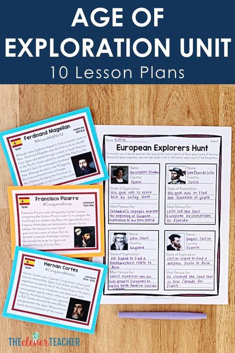 Bring Age of Exploration history to life for kids with this interactive unit complete with lesson plans, activities, projects, and answer keys! Help your students fall in love with history! These lessons and projects are especially great for kids in 5th grade, 6th grade, 7th grade, and 8th grade. Save yourself a ton of prep time and check it out today! #5thGrade #MiddleSchool #Interactive Teacher Bujo, Famous Explorers, Social Studies Communities, 8th Grade Social Studies, 7th Grade Social Studies, Teaching Us History, Age Of Exploration, Social Studies Lesson Plans, Social Studies Notebook