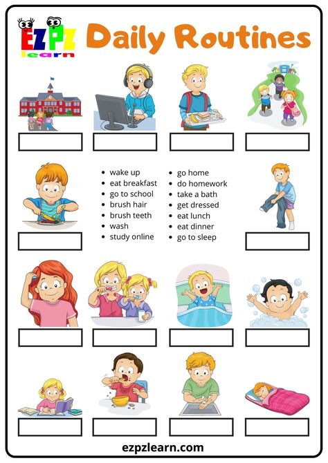 Daily Routine Word Match Teaching English Kindergarten, Daily Routine Worksheet For Kindergarten, Daily Routine Printable Free, English Games For Kids Teaching, Daily Activities Worksheet, Daily Routine For Kids, Games Worksheet, Daily Routine Worksheet, Daily Routine Kids