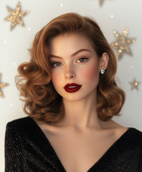 Hair For Christmas Party, Vintage Hair Wedding, Classic Hollywood Hair, Christmas Party Hairstyles Medium, Hairstyle With Crown, Hairstyle For Bridesmaid, Hollywood Glam Curls, Elegant Hairstyles For Medium Hair, Hollywood Hairstyle