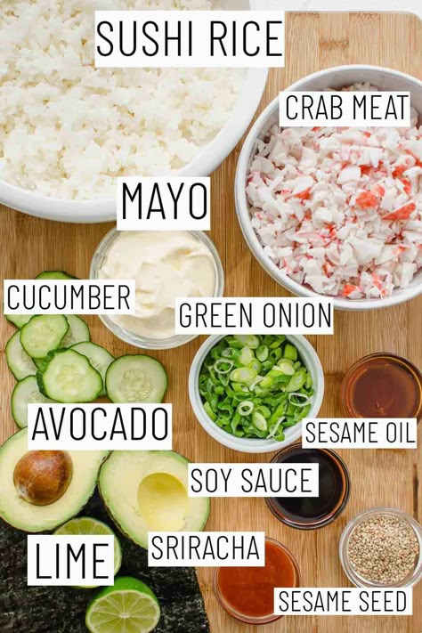 California Roll Bowl Easy, Easy Sushi Bowls At Home, Things To Make With Sushi Rice, Sushi Bake Without Cream Cheese, Sushi Bake California Roll, No Bake Sushi Casserole, California Roll Bowl Recipe, Healthy Sushi Bake Recipe, Cali Roll Sushi Recipes