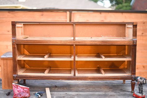 How to Turn a Dresser into a TV Stand - Our Handcrafted Life Ideas For Bathroom Shelves, Dresser To Buffet, Mobile Tv Stand, Midcentury Tv Stand, Tv Stand Shelves, Functional Tv Stand, Trendy Bathroom Tiles, Crate Bookshelf, Repurposed Dresser