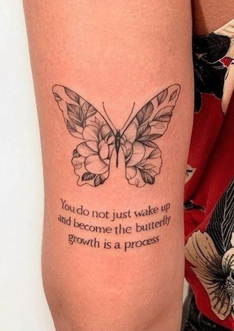 Butterfly Tattoo With Saying, Filled In Butterfly Tattoo, Monarch Butterfly Flower Tattoo, Quotes For Butterfly Tattoo, Tattoo Ideas Female Meaningful Butterfly, First Tattoo Ideas Butterfly, Butterfly Quotes Tattoos, Butterfly Tattoo With Scripture, Butterfly And Words Tattoo