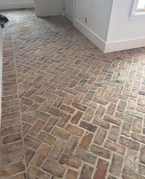 Brick Floor Cottage, Brick Floor Foyer Entrance, Brick Foyer Floor, Concrete Checkered Floor, Brick Garage Floor, Brick Flooring In Kitchen, Brick Floor Kitchen Farmhouse Style, Indoor Brick Flooring, Cobblestone Flooring Interior