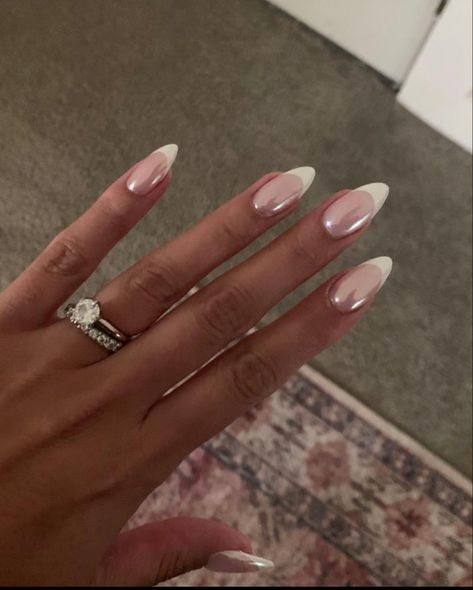 Short Cute Almond Acrylic Nails, White Chrome Nails Almond French, Coffin French Tip With Chrome, Oval French Tip Nails Chrome, Ombre French With Chrome, French W Chrome, White French With Glitter Line, Wedding Nails On Black Women, White Ish Nails