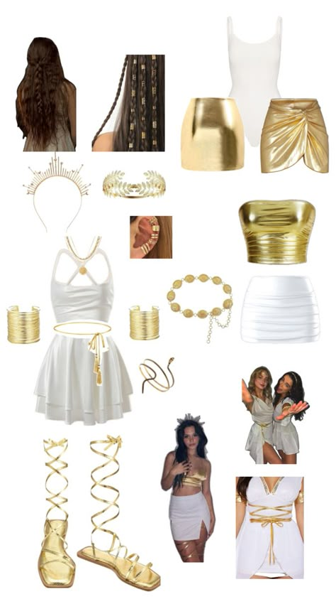 Golden Goddess Halloween Costume, Greek Goodness Costume Halloween, Medusa Inspired Costume, Greek Goddess Rave Outfit, Zeus And Hera Costume, Greek Goddess Costume Ideas, Cleópatra Costume Outfit Halloween, Greek Goddess Diy Costume, Hera Goddess Costume