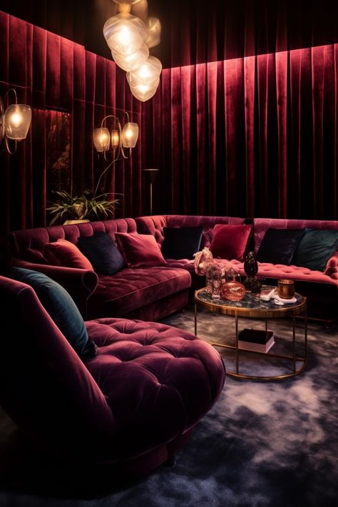 60+ Jaw-Dropping Dream Basements to Inspire Your Decor - Days Inspired Unique Lounge Ideas, Moody Romantic Interior Design, Red Interior Design Living Room, White And Red Living Room, Love Hotel Room, Luxury Basement, Chill Room Ideas, Moody Interior Design, Red Lounge