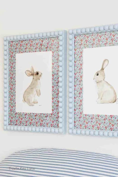 DIY Bobbin Frames In Spring Colors. Create a pretty bobbin frame for your favorite art to display on a gallery wall or any small space. How To Recycle Old Frames. DIY Beaded Frames. Easy Paint Frame Project. Rabbit Watercolor Artwork. Wall Art Childrens Bedroom, Using Picture Frames For Decor, Picture Frame Diy Crafts, Diy For Nursery, How To Frame Wallpaper, Framed Baby Clothes, Nursery Frames Decor, Watercolor Room Decor, Diy Frame Art