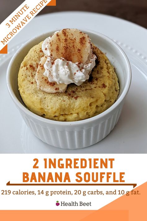 2 Ingredient, 3 minute microwave banana soufflé! Using eggs and a banana, you could have a sweet, delicious breakfast in just 3 minutes! This Egg banana soufflé, made popular in weightwatchers circles, is low fat, low calories, gluten free, high in protein, and very delicious! Microwave Banana Recipes, Banana Recipes Microwave, Banana Microwave Recipe, Ripe Banana Recipes Low Calorie, Microwave Banana Muffin, Banana Microwave Dessert, Banana Souffle, Ww Banana Souffle, Ww Zero Point Banana Souffle