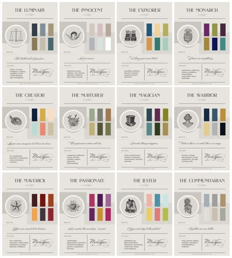 Caregiver Brand Archetype Colors, 12 Jungian Archetypes, The Diva Archetype Aesthetic, The Lady Archetype Outfits, Everyman Archetype Moodboard, Brand Archetypes Sage, The Ethereal Archetype, Hero Brand Archetype Color Palette, The Nurturer Archetype Aesthetic