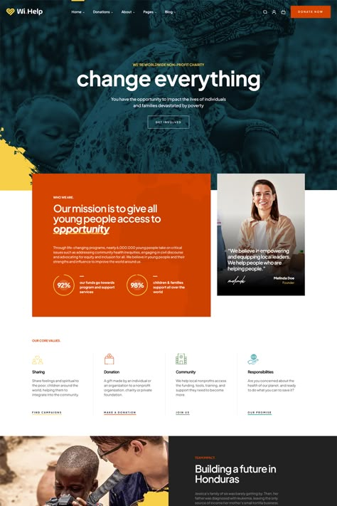 Wihelp is designed for nonprofit and charity organizations, suggesting it's tailored for those who want to create websites for fundraising, donations, and promoting charitable causes. Nonprofit Landing Page, Fundraising Website Design, Charity Donation Poster Design, Charity Website Design Inspiration, Nonprofit Website Design Inspiration, Leadership Website Design, Nonprofit Graphic Design, Donation Website Design, Foundation Website Design