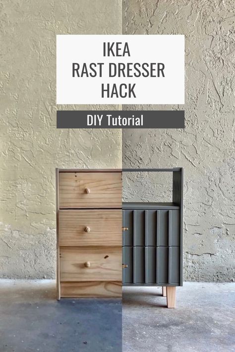 In this IKEA hack, I flipped the Rast dresser by removing the top drawer, built shelves above the second drawer and below the third drawer, gave the remaining two drawers a fluted design and redesigned the legs to give it a more modern look! Ikea Mcm Hacks, Rast Diy Ikea, Textured Drawer Fronts, Rast Ikea Makeover, Diy Drawers Makeover, Refinishing A Dresser Ideas, Ikea Alex Drawers Hack Diy, Rast Drawers Hack, Refacing Dresser Drawers